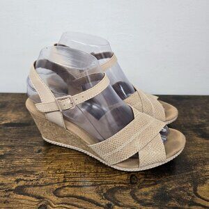 Clarks Helio Latitude Leather Criss Cross Sandals Cork Wedge Strappy 7.5M Nude